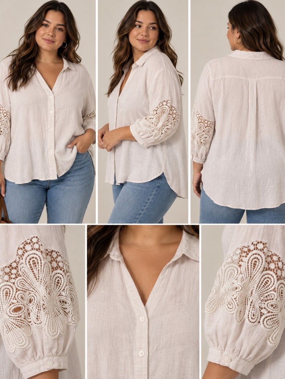 Melanie Lyne Size 16 Linen Blend Lace Sleeve Button Blouse
